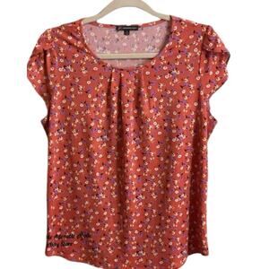 Adrianna Papell Top Women's Orange Floral Knit Tulip Cap Sleeve Stretch Size M